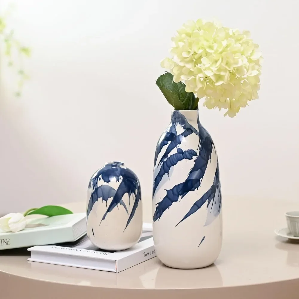 

Blue Vase Set of 2, Large Navy Blue and White Ceramic Flowers Vases for Home Decor, 10.2"Ceramic Vases for Valentines Day