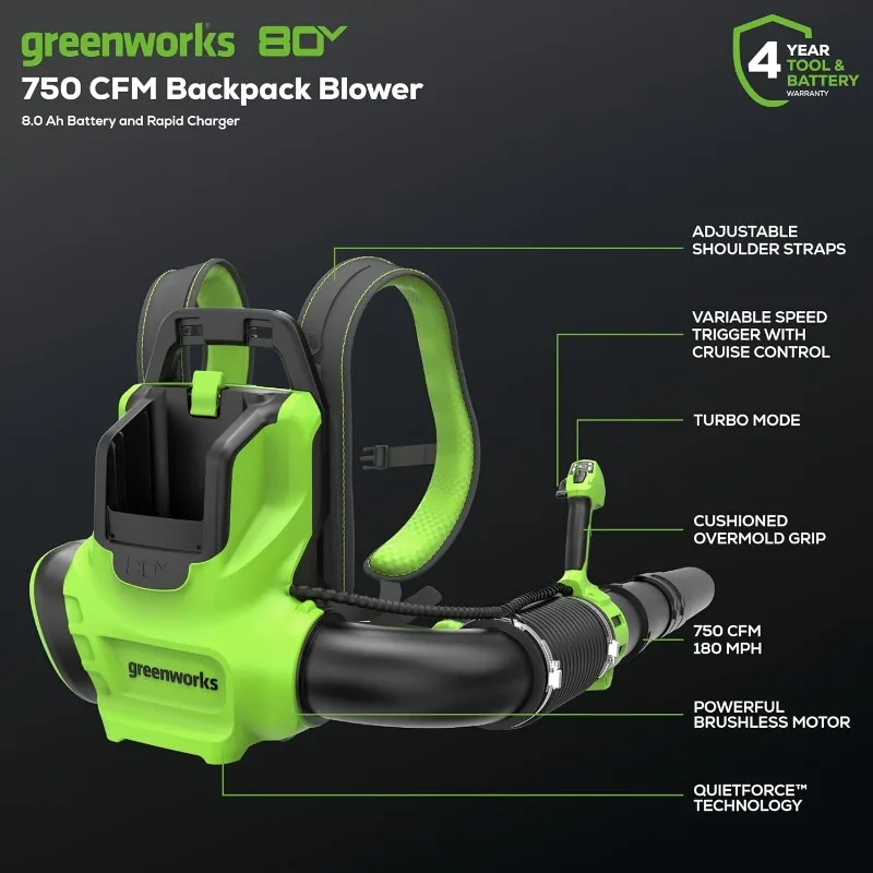 Greenworks 80V (750 CFM) rugzakblazer, 8,0 Ah batterij en 6A snellader inbegrepen