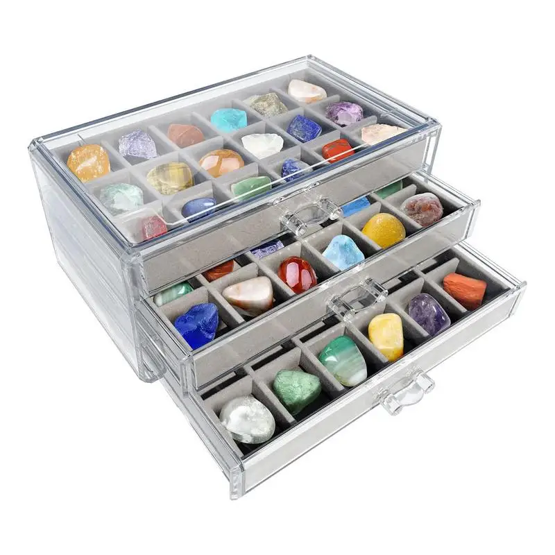 Rock Collection Box 54 Slot Fossil Display Case 3 Layer Visual Acrylic Gemstone Display Case For Rocks Shells Miniatures