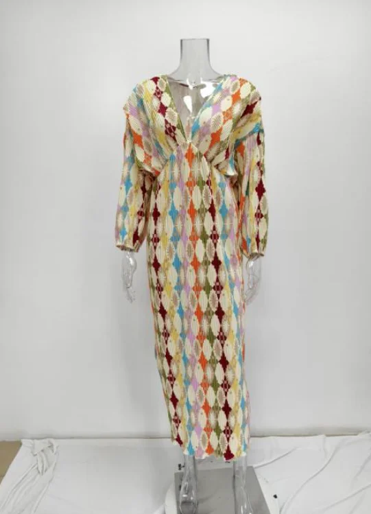 

Women's Fashion Contrasting Printed Long Dresses Female Clothing Temperament Elegant Slim V-Neck Short Sleeve Dress for Women