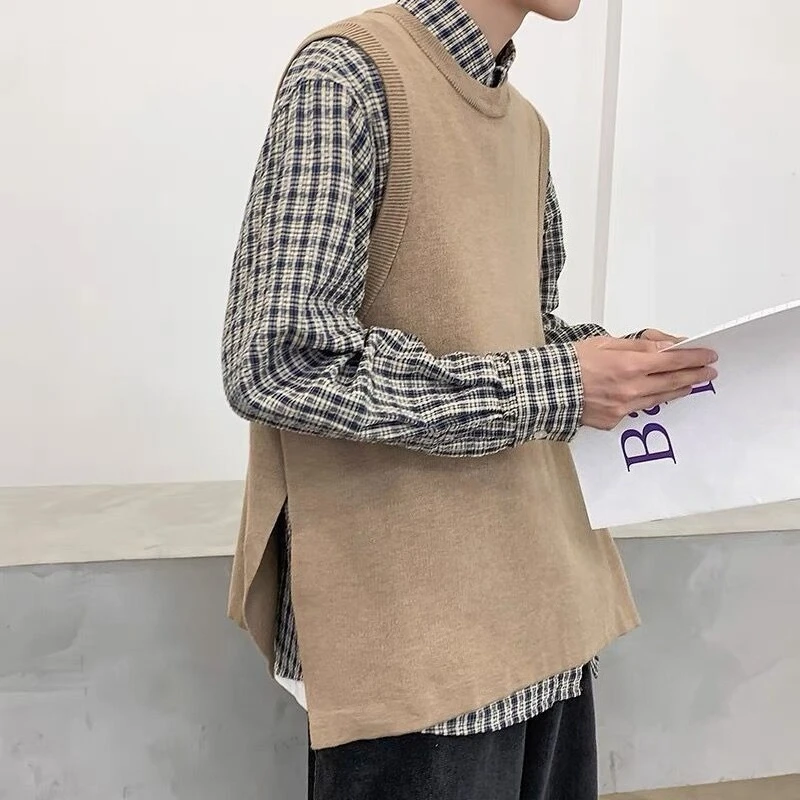 

Вязаный жилет с открытым разрезом в гонконгском стиле для мужчин, винтажный свободный крой, однотонный пуловер с круглым вырезом, жилет Ins, универсальная верхняя одежда