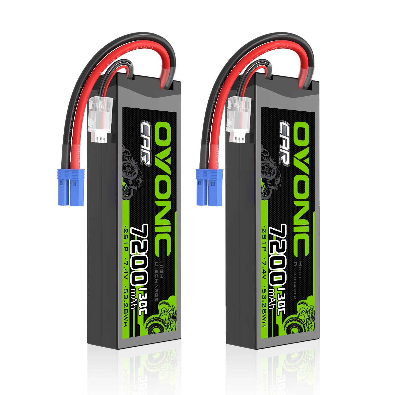 Batteria Lipo OVONIC 2S 7200mAh 130C con custodia rigida 7.4V e connettore EC5 per veicoli in scala 1/10, auto RC, camion, confezione da 2