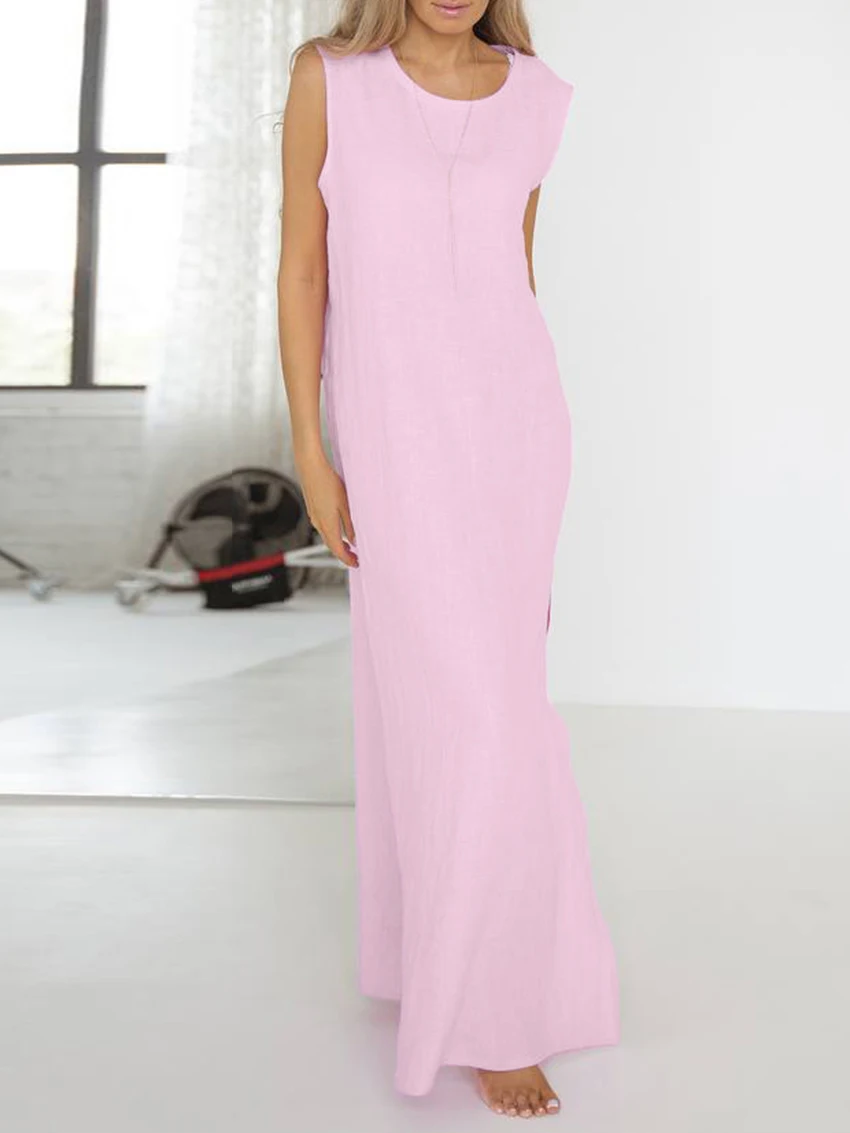 Marthaqiqi Pink Female Sleepwear O-Neck Nightgown Sleeveless Nightwear Split Pajama Floor-Length Dress Cotton Women Home Clothes