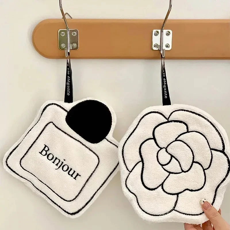 Absorbent Coral Velvet Embroidery Hanging Hand Towel for Bathroom No-shedding Double-layer Quick-dry Kitchen Towel for Hand Wipe