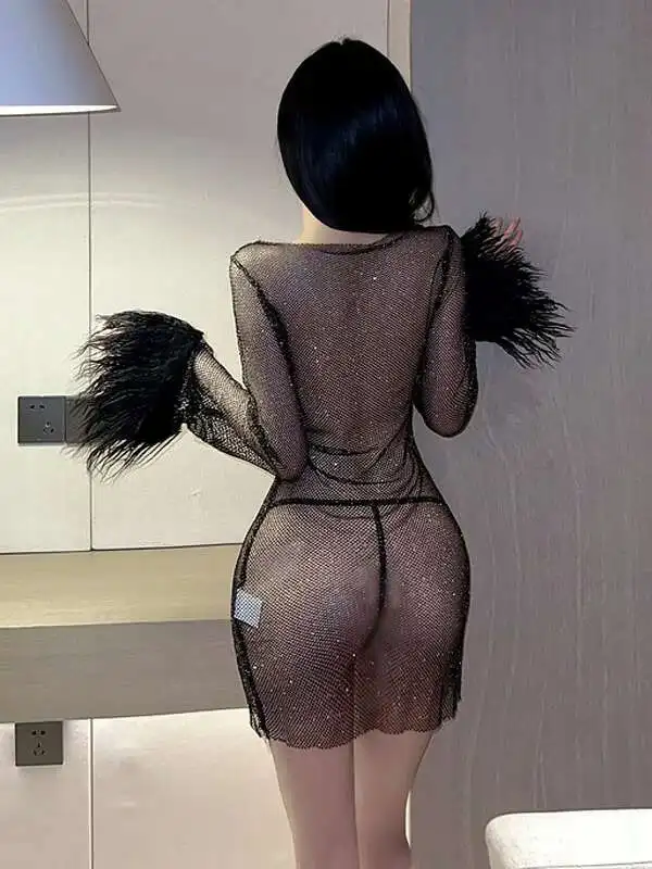 WOMENGAGA 2023 セクシーなきらめきメッシュレース薄手のドレス毛皮長袖透明ドレスエレガントなホットセクシーな韓国女性トップス RJ80