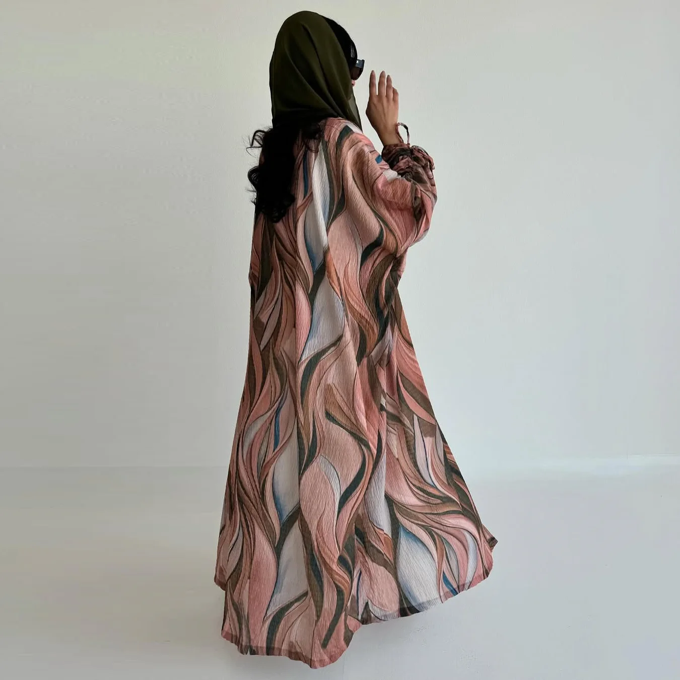 Cardigan de dubaï en coton et lin imprimé, ouvert, manchette Abaya du moyen-orient, cordon de serrage, Robe musulmane pour femmes