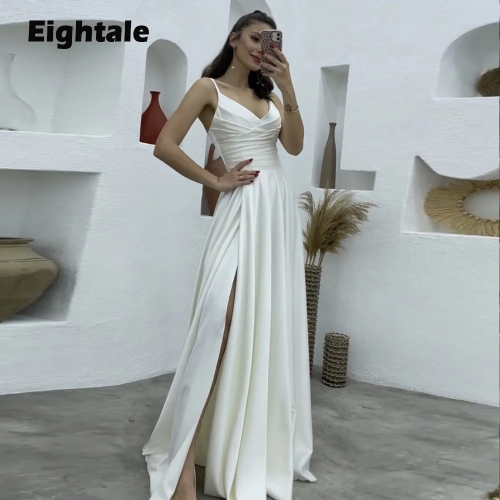 

Eightale Beach Wedding Dresses Satin V-Neck Spaghetti Strap High Slit A-Line Simple White Ivory Bridal Gowns hochzeitskleid