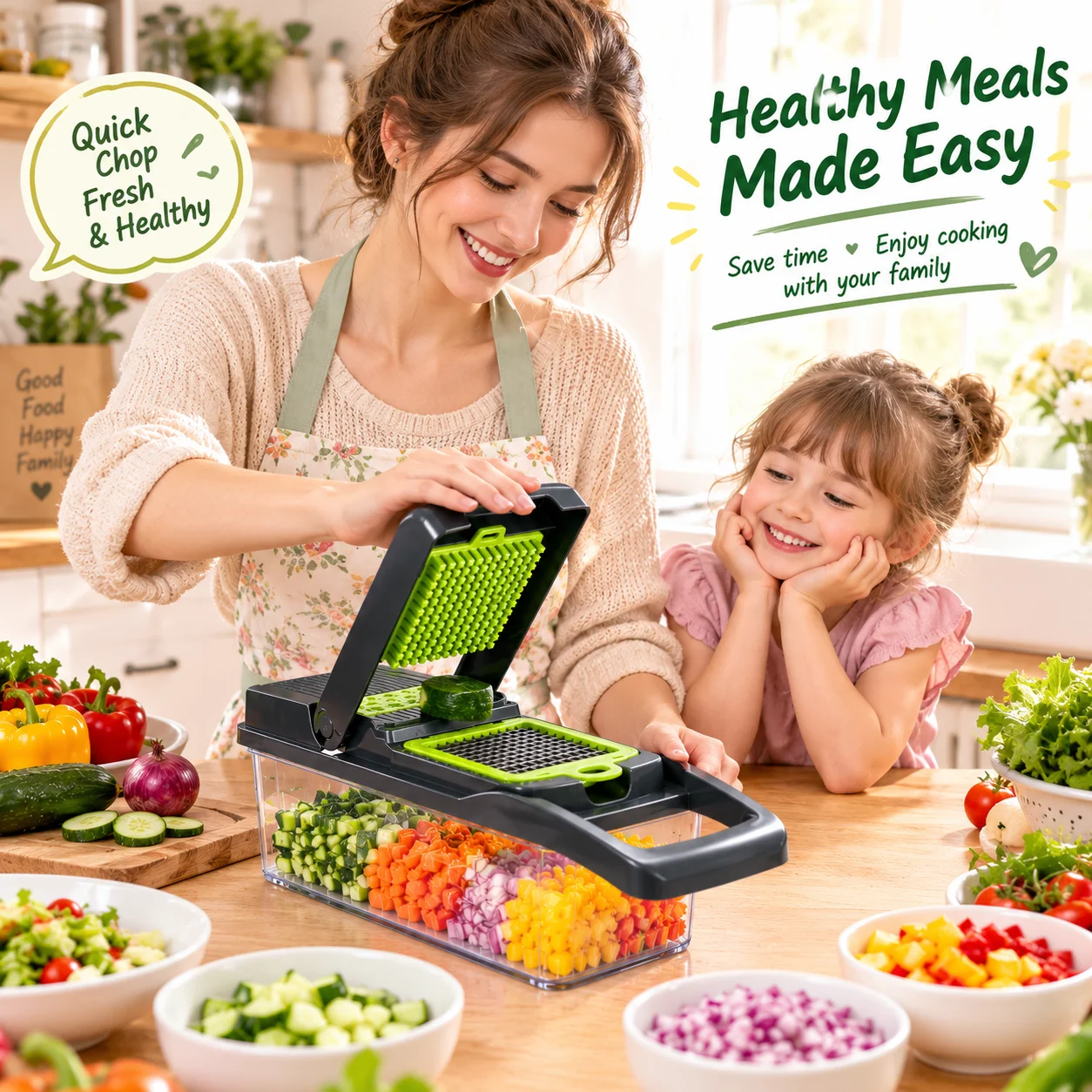 8‑in‑1 Multifunctional Vegetable Chopper, Manual Food Cutter Slicer Dicer Shredder with Interchangeable Blades & Storage Container, Kitchen Gadget for Onion Potato Veggie Fruit Salad Preparation