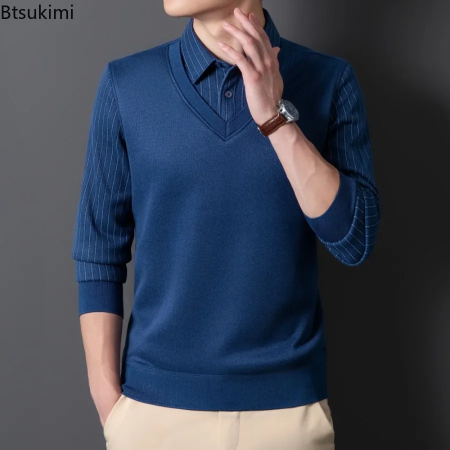 الرجال الصوف طويلة الأكمام البلوز بولو طوق سترة تريكو شريط البلوزات الخريف الشتاء سميكة الدافئة بلون الرجال الملابس