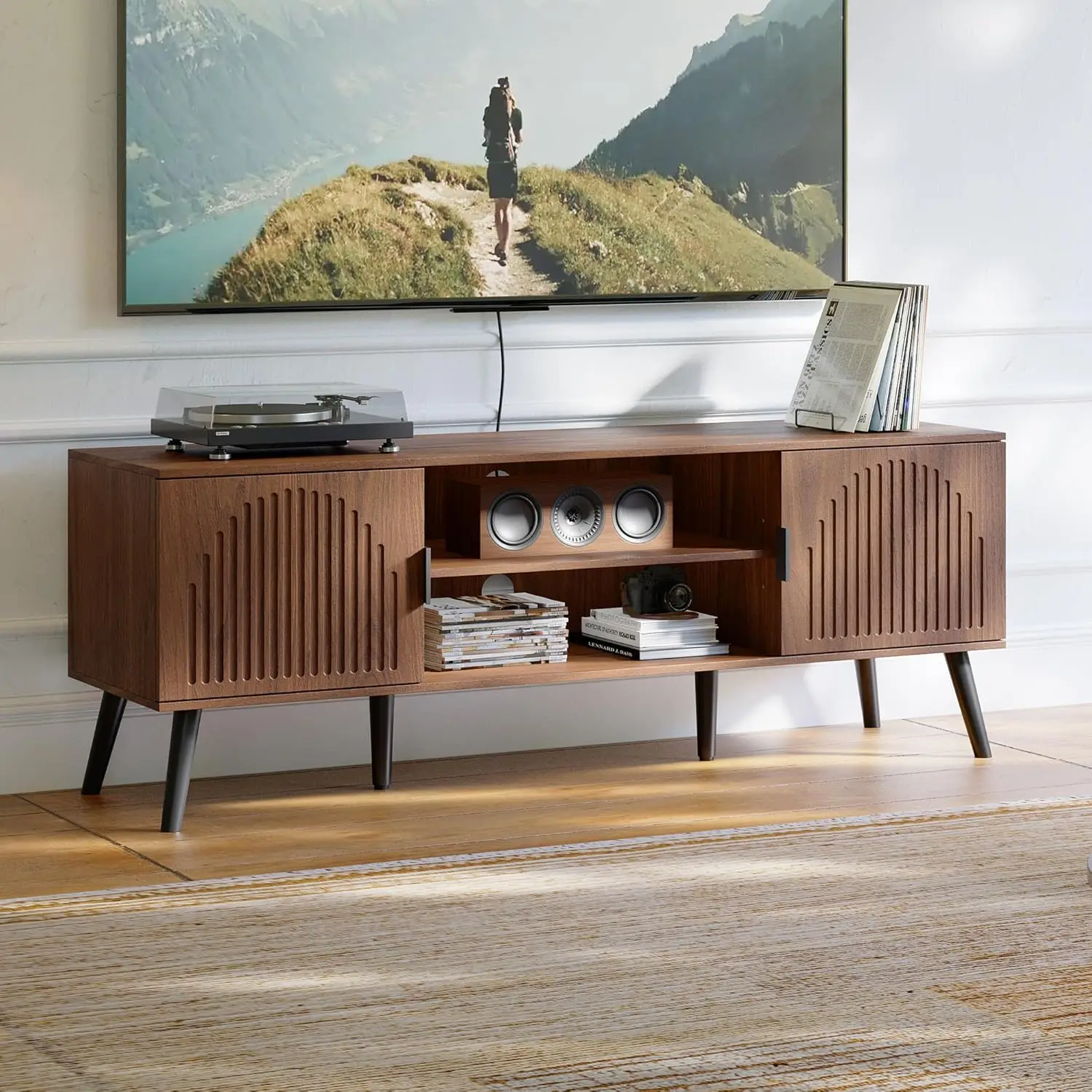 

Тумба под телевизор для телевизоров 55/60 дюймов, тумба в стиле Mid-Century Modern, развлекательный центр с шкафом для хранения и открытыми полками, тумба для ТВ