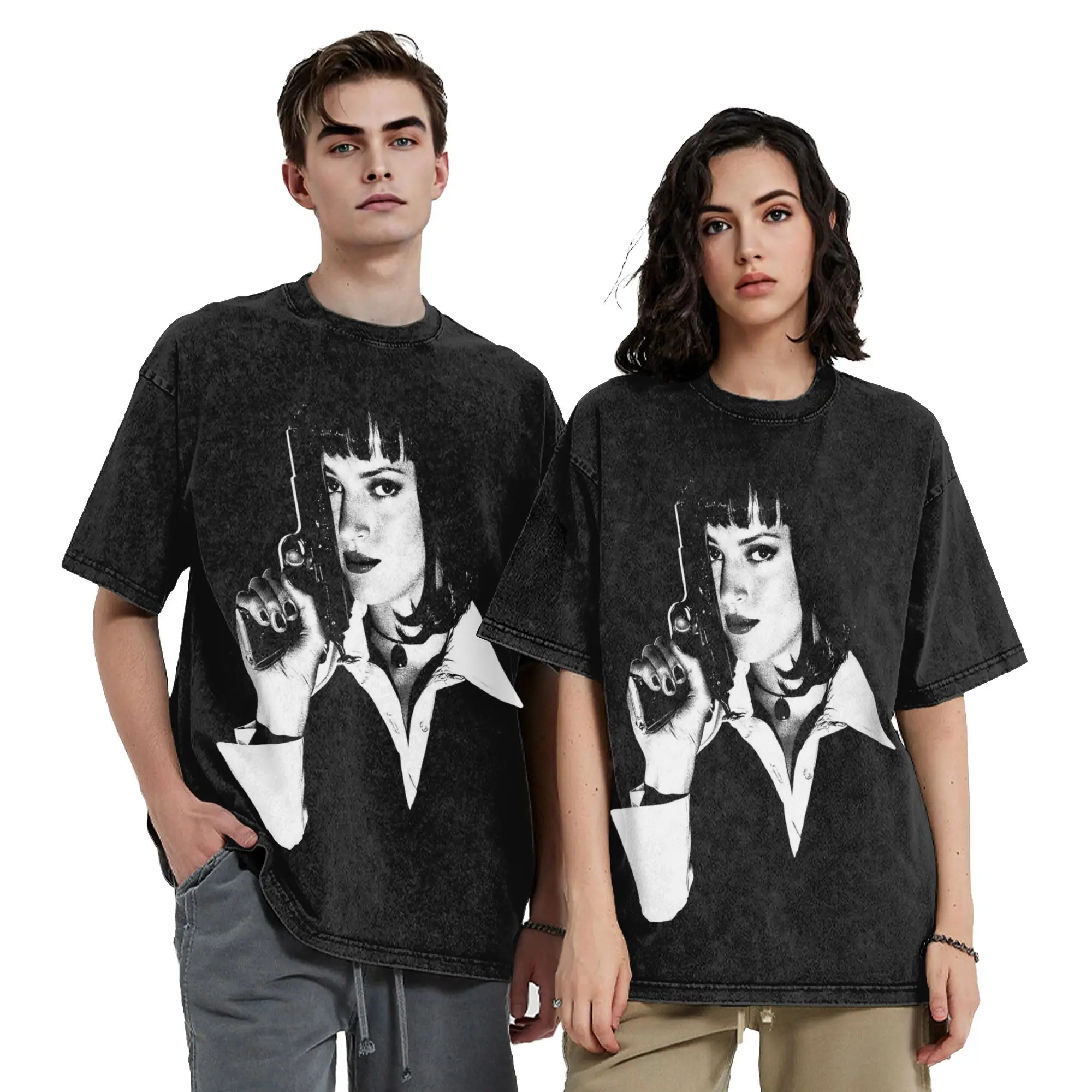 Mia Pulp Fiction T Shirts Hip Hop Washed High Street T-Shirt  Casual for Men Women Tops Streetwear Printed Tee Shirt