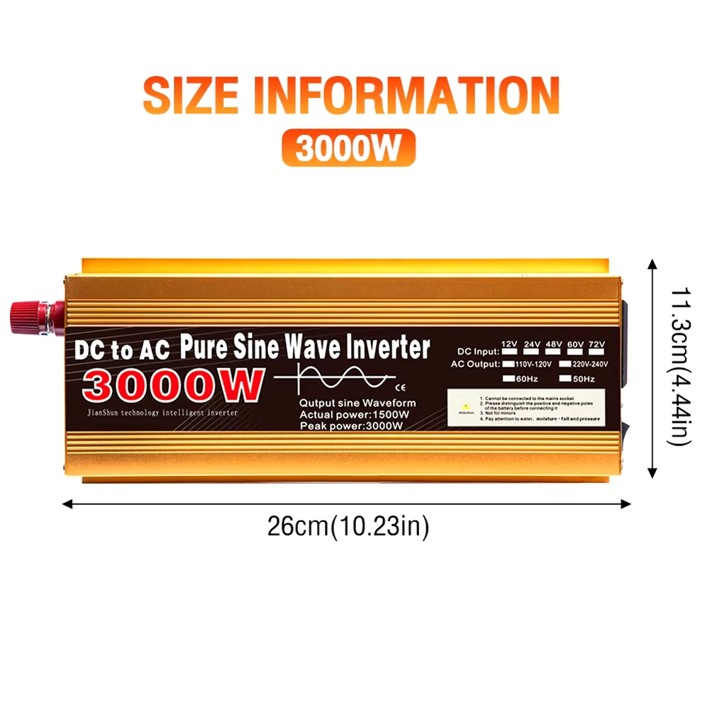 Pure Sine Wave Inverter 3000W DC12V to AC220V Converter for Electronics Reliable Cooling Fan and Protection Mode