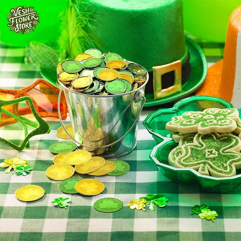 200PCS St. Patrick's Day Green Gold Coin Irish Lucky Shamrock DIY Home Event Party Festive Hanging Decoration