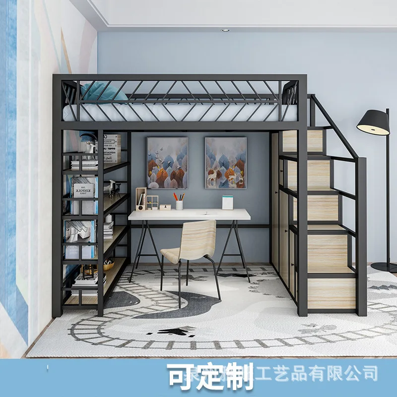 Small apartment bedroom functional iron frame student apartment with cabinet hanging combination storage bed