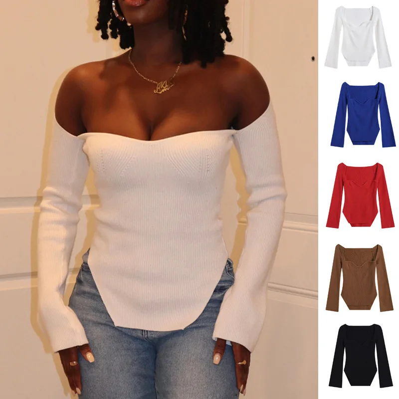 2025 Autumn/Winter Elastic Off Shoulder Bottom Knitted Sweater Women's Top