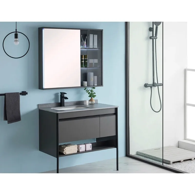 modern luxury floating bathroom cabinet storage basin set 24 inch Melamine wood bathroom vanity with sink LED mirror