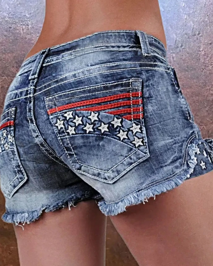 

Women's Denim Shorts Casual Summer Contrast Paneled Star Pattern Print Embroidery Pocket Distressed Raw Hem Ripped Denim Shorts