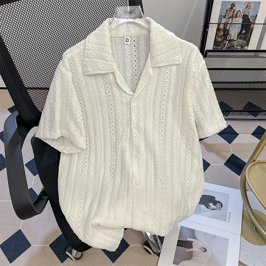 

2026 Summer Thin Breathable Hollow Lace Short Sleeve Shirt Loose Casual Shirt