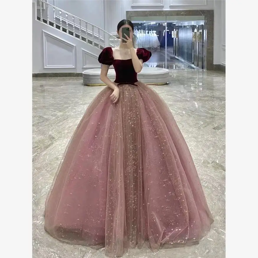 

Red Velvet Gown Vintage Dr Bridal Dr Spring 2024 Faionable Puffy Skirt Performance Dr Polyester 00% mid Waist