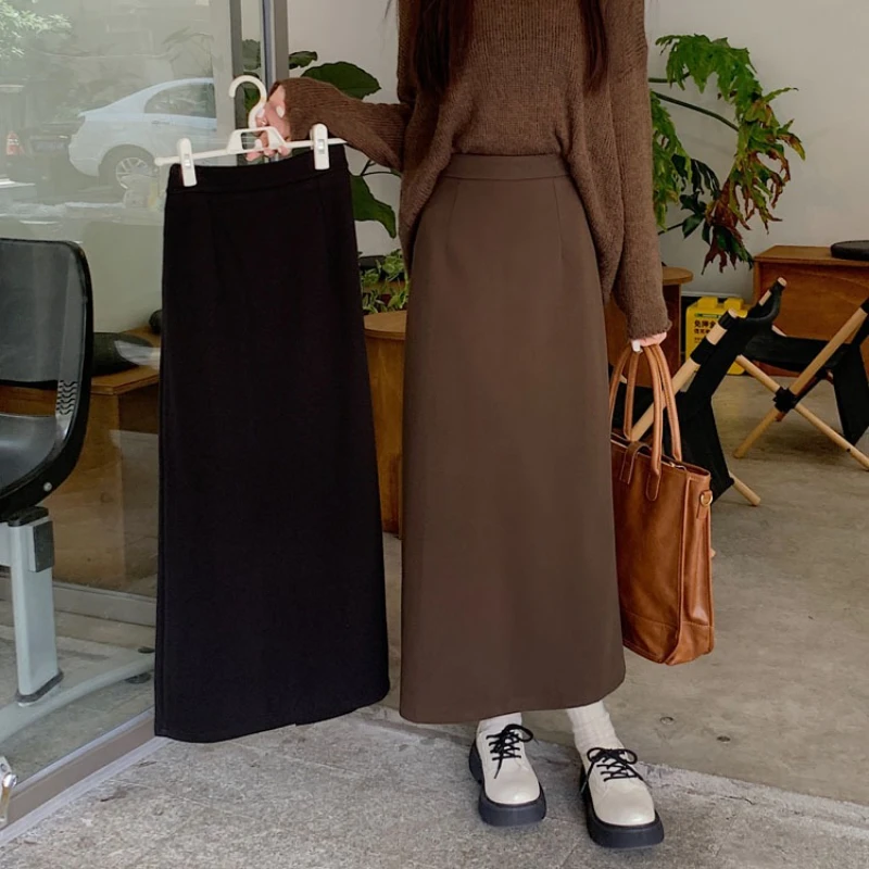 Retro Woolen Gerade bein Rock Büro Damen Herbst Winter Dicke Midi Rock Weiblichen Koreanischen Mode Alle Spiel Outwear Faldas mujer