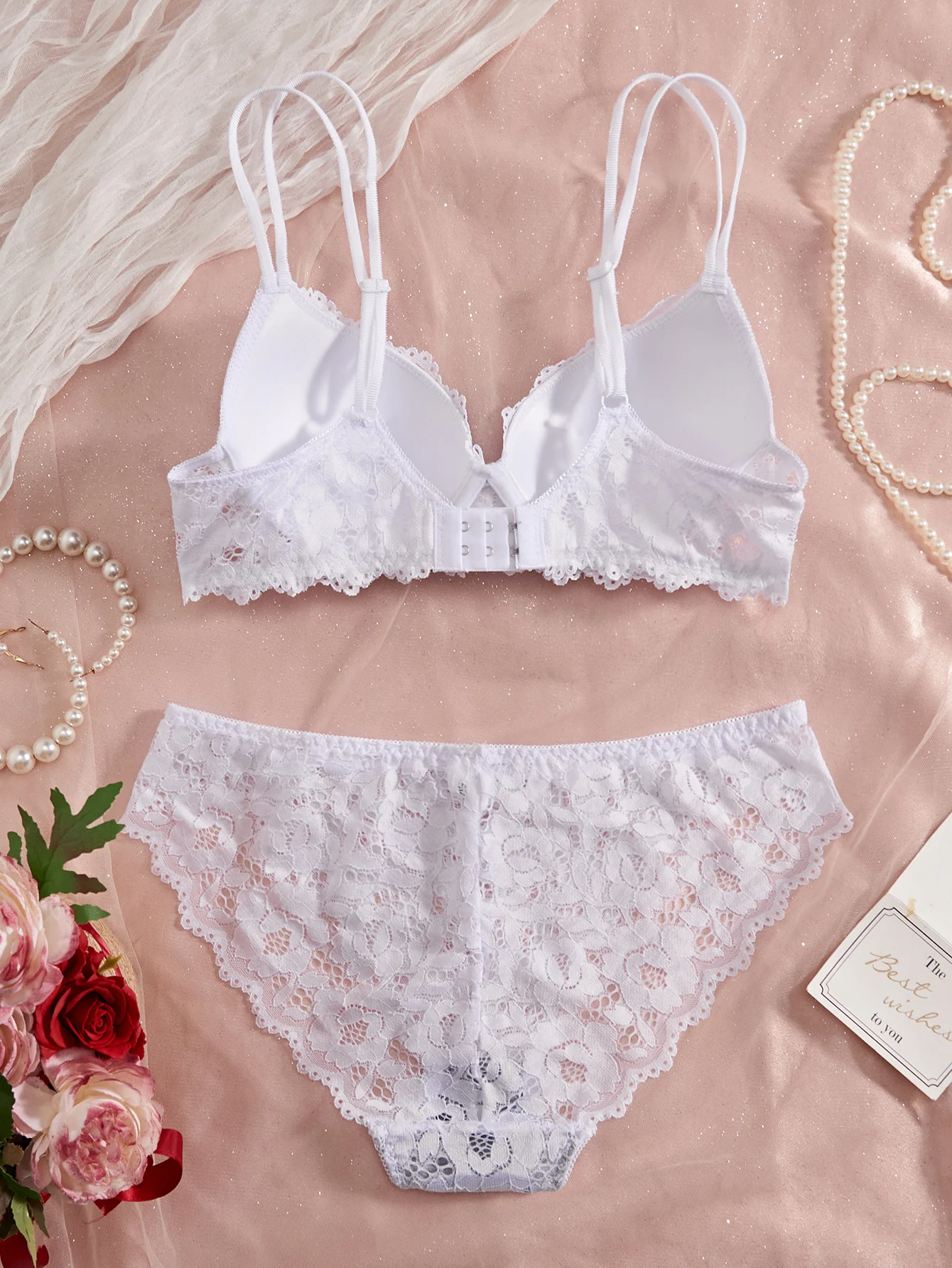 Sexy Dessous-Set für Damen, Spitze, Patchwork, einfarbig, mit Schleife, Strasssteinen verziert, Push-up-Effekt, doppelte Träger, ungefüttert, bequeme Unterwäsche, Spitze, halbtransparent, atmungsaktive Unterhose. – Detail 8