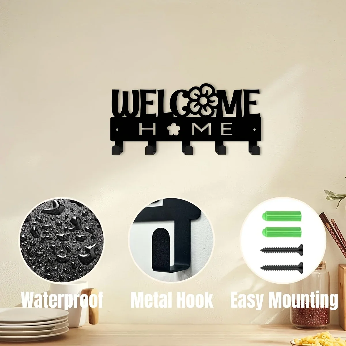 CIFBUY 1pc Integrated Metal Key Holder Wall Mount with Hooks, Laser Cut 2D Flat Silhouette, Powder-Coated