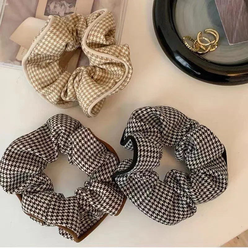 Korean Houndstooth Fabric Large Elastic Hair Bands Autumn Elegant Plaid Scrunchies Girls Casual Daily Headwear Hair Ties Ropes