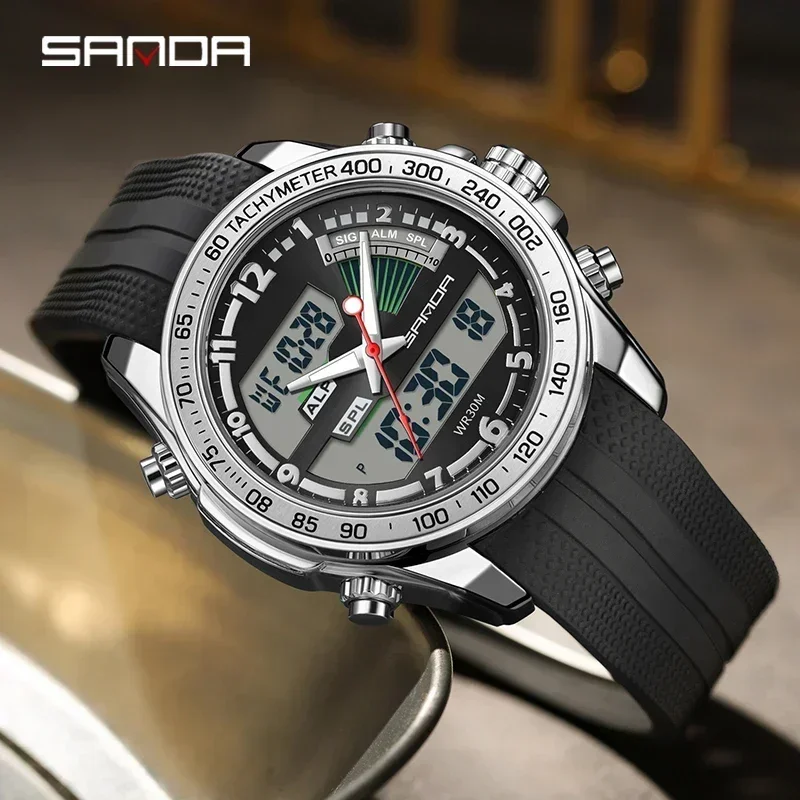 SANDA  Men Watch Fashion delicate Elegant Multifunctional Business Round Electronic Quartz Dual Display Stainless Steel Strap Wa