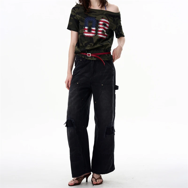 

Summer's new women's retro ripped jeans, y2k cotton loose wide-leg straight pants, casual and versatile loose floor-length pants