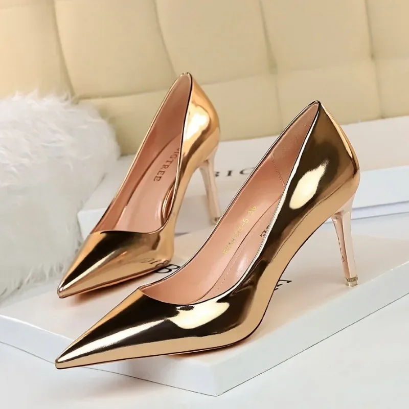 Fashion Spring Autumn Women High Heels Slip On Patent Leather 7.5CM Thin Heels Mature Women Modern Middle Heels Dress Shoes