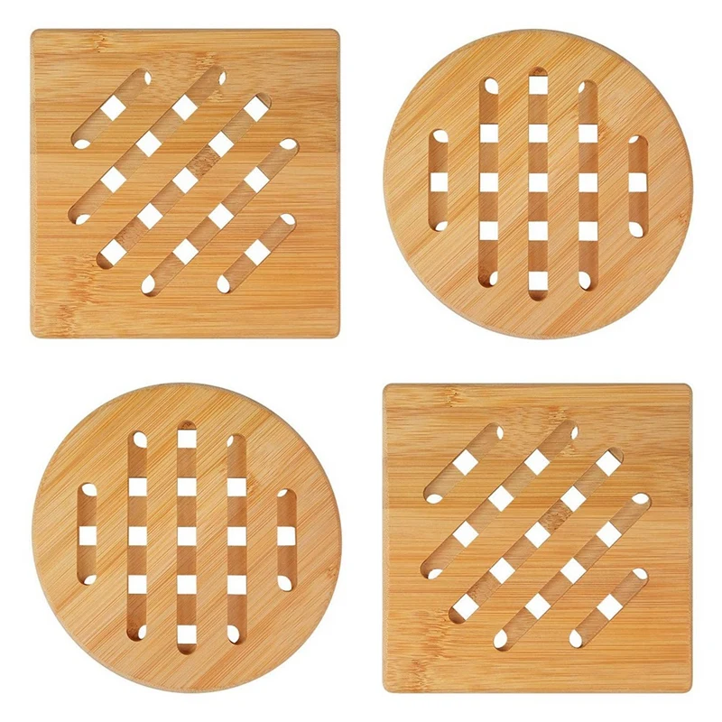 Insulation pads Bamboo Pot Coasters,Heat- Bamboo Place Mats, Square and Round Pot Coasters Made of Wood, for,Bowl,Pots,Plates