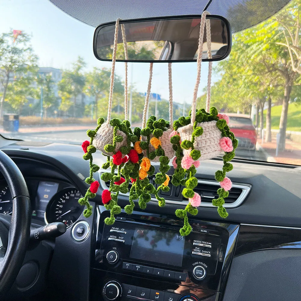 Handmade Cute Crochet Car Hanging Plant Rear view Mirror Plant Decoration Succulent Hanging Plant Car Accessory Gift