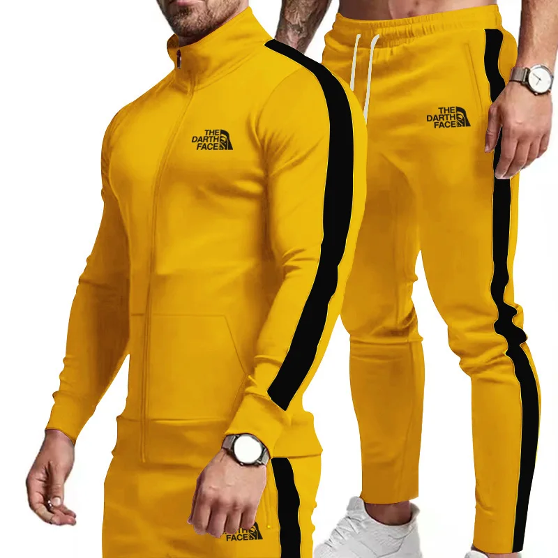 ชุดกีฬาผู้ชายฤดูใบไม้ร่วงและฤดูหนาวเยาวชนพิมพ์ Mountaineering Running Fitness 2 ชิ้น Street Zipper หลวมชุดกีฬาผู้ชาย