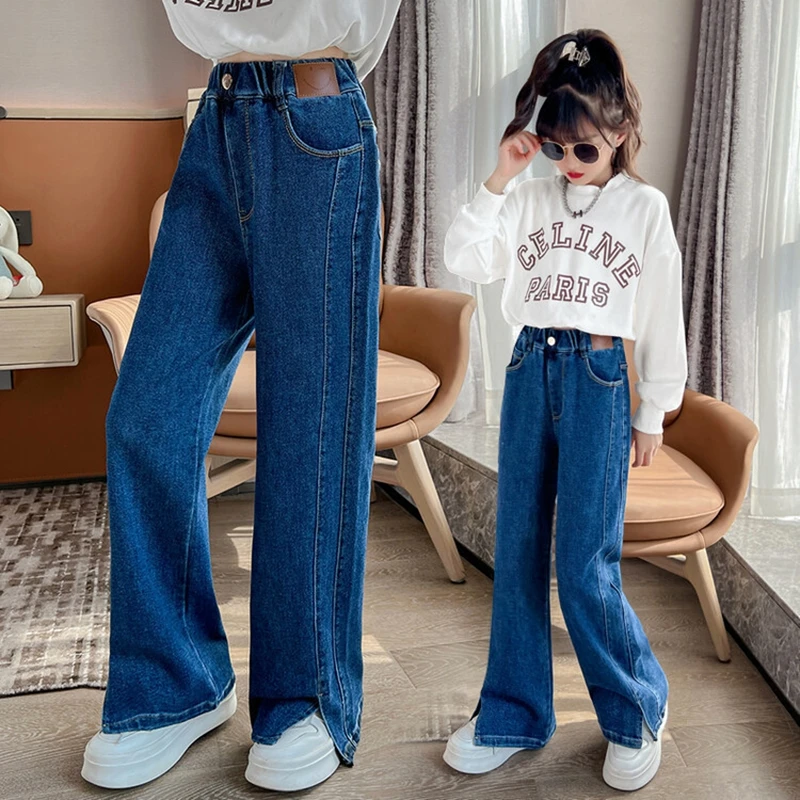 Girls Jeans New Spring/Autumn Fashion Kids Loose Trousers Big Children Casual Split Wide Leg Denim Pants 4 To12 Year