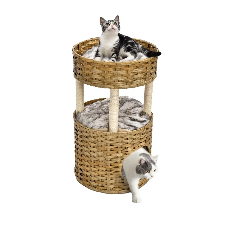 

Deluxe Pet Furniture House Bed Scratch Proof Poly Woven Rattan Double Cat Trees wtih Plush Mat