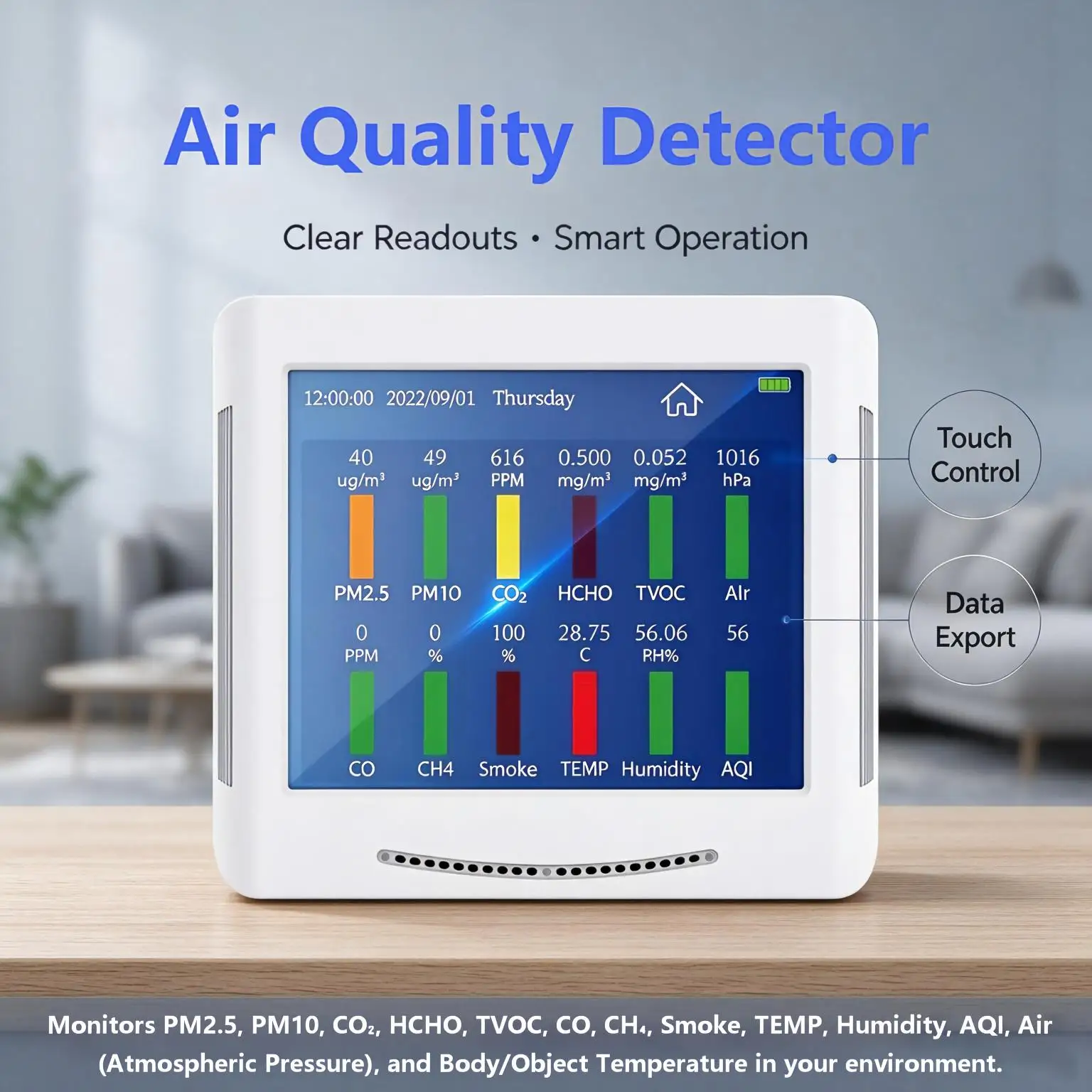 Air Quality Monitor 10000mAh Battery 8" Touchscreen CO2 PM2.5 HCHO TVOC Alarm for Home Office Basement Car Garage and RV Use