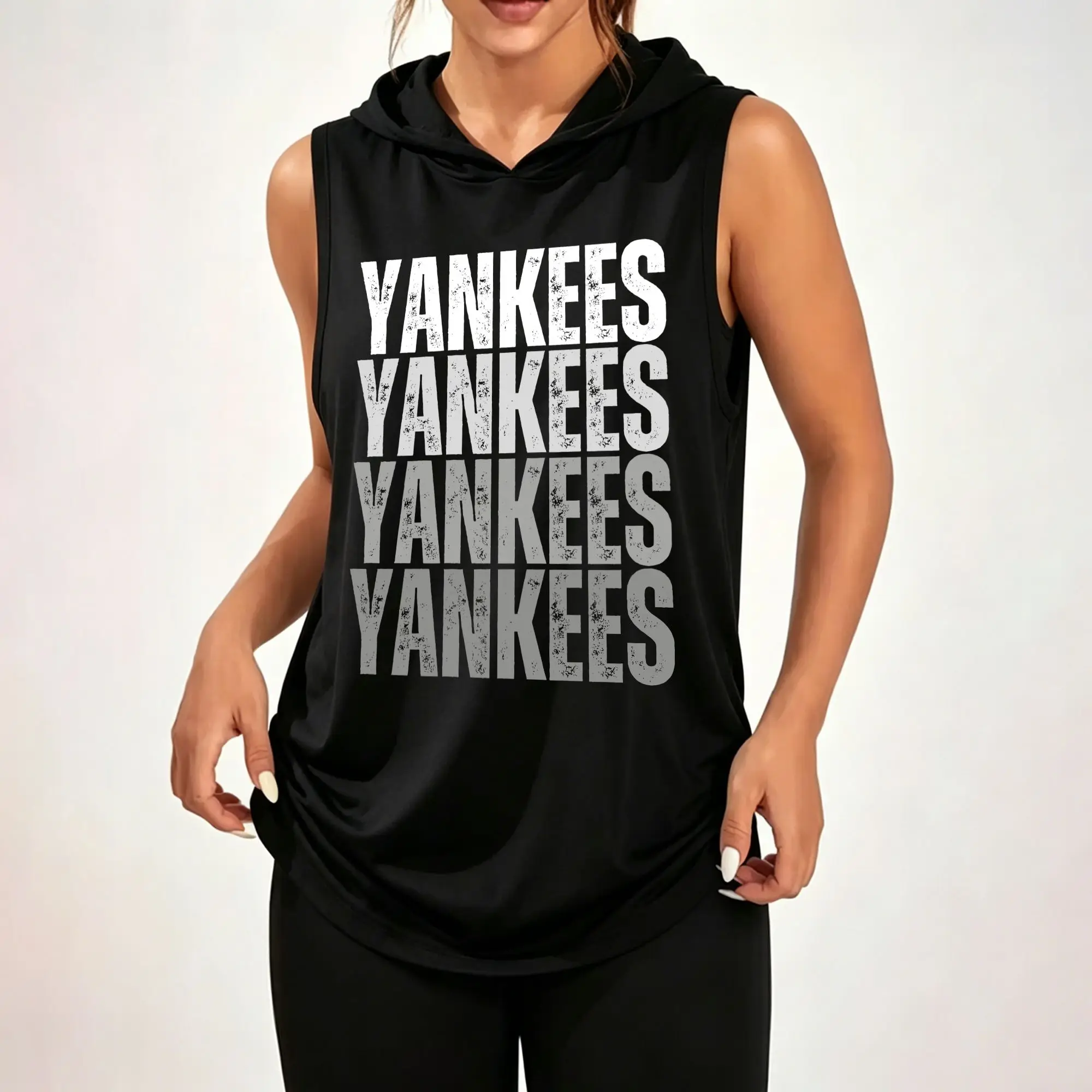Women Sleeveless Hooded Tank Top Vintage Gradient Letter 