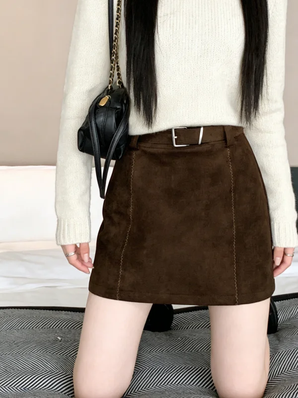 Gonna in Velluto Effetto Pelle di Cervo Marrone Invernale, Gonna a Vita Alta a Linea A per Donna, Gonna Aderente in Ecopelle Ci Walk