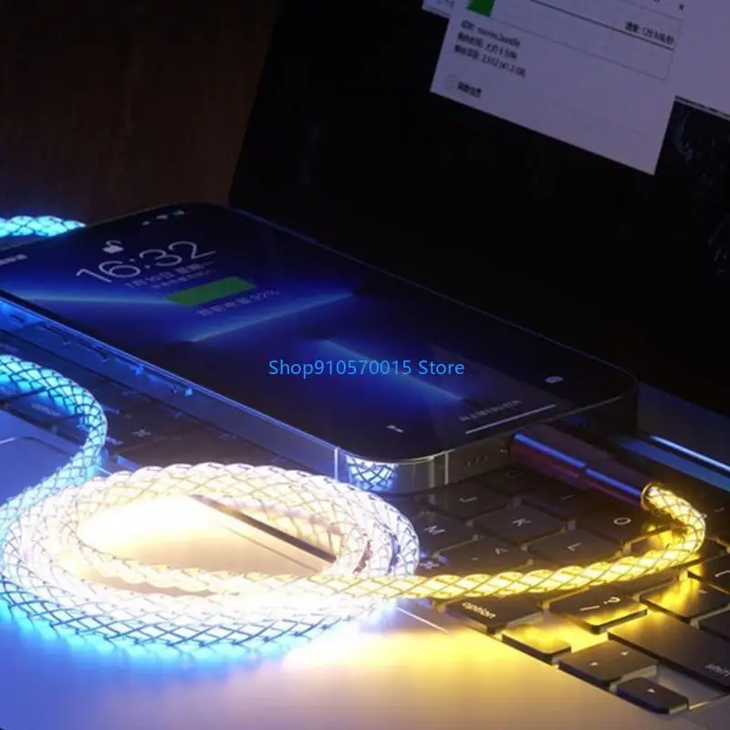 B95C Aluminum Shell USB C to C Charging Cord With Soft Glowing LED Lights 60W Fast Charging for Smartphones Tablets