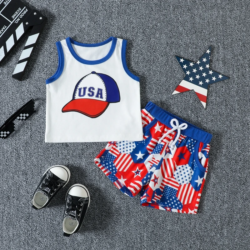 

4th of July Toddler Boy Clothes American Flag Sleeveless Tank Tops and Shorts Set with Sun Hat for Summer Independence Day