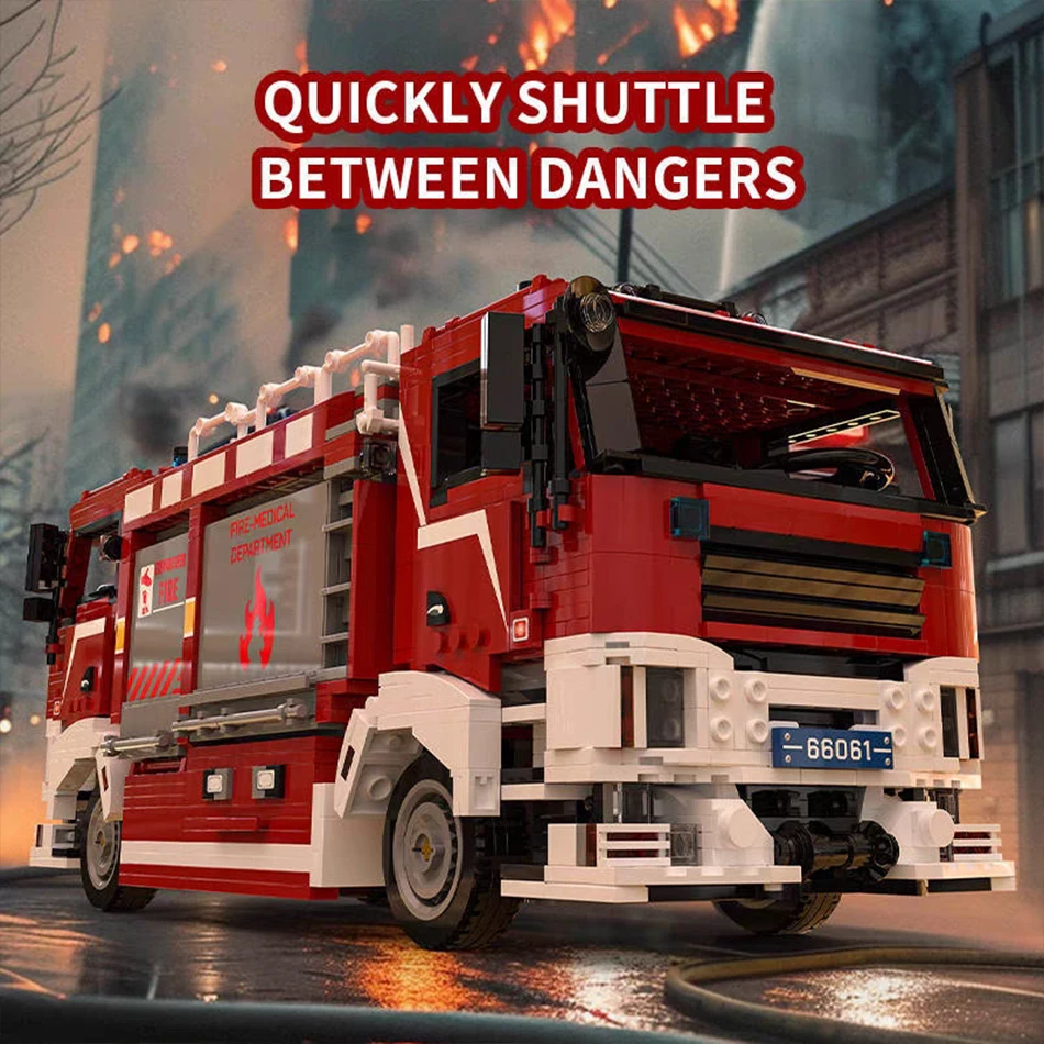 City Double Head Fire Truck Tunnel Extinguishing Rescue Engine Vehicle Model Building Blocks Educational Bricks Toys Kids Gifts