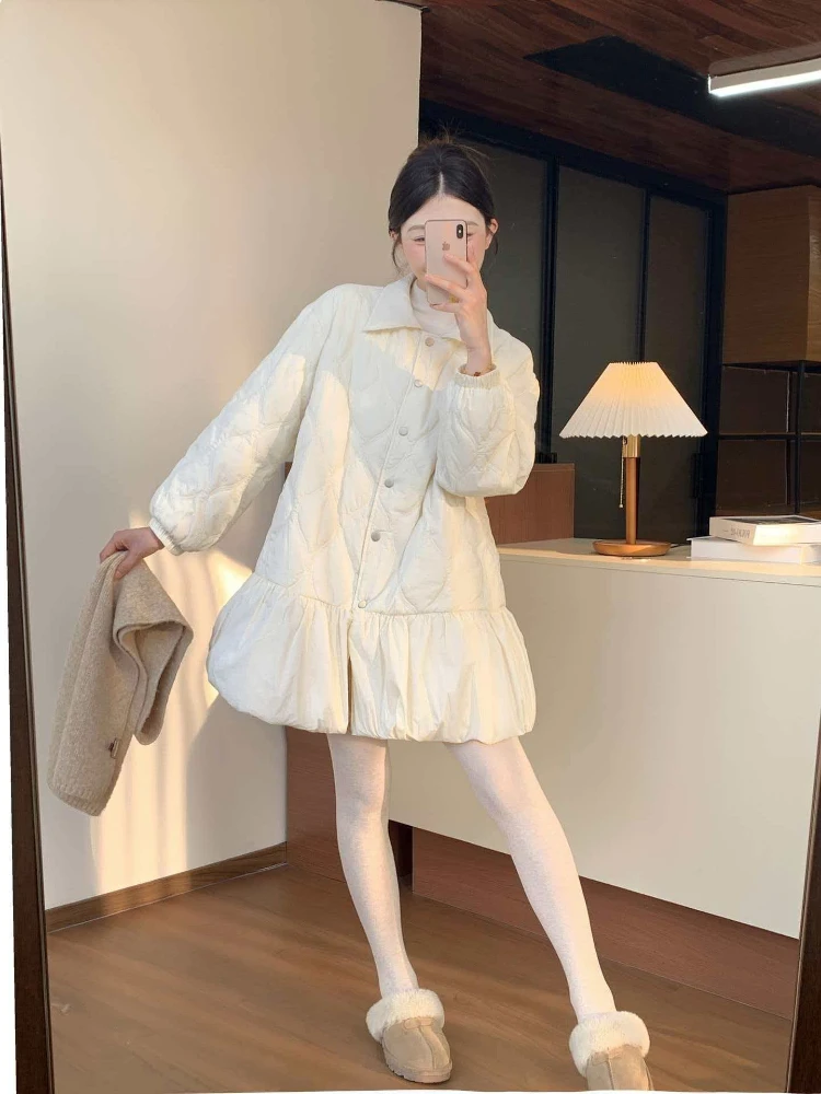 American Vintage Ruched Ball Gown Parkas New Warm Thicked Sweet Small Fellow Coat Slim Waist New Office Lady Moda