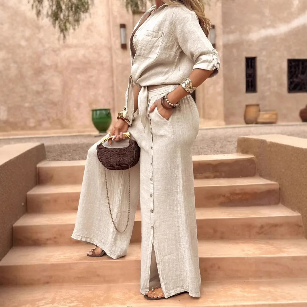 ชุดกางเกงผู้หญิง 2 ชิ้นชุดเปิดลงปกแขนยาวเสื้อขากว้างยาวกางเกงเอวสูง Y2k Streetwear Elegant