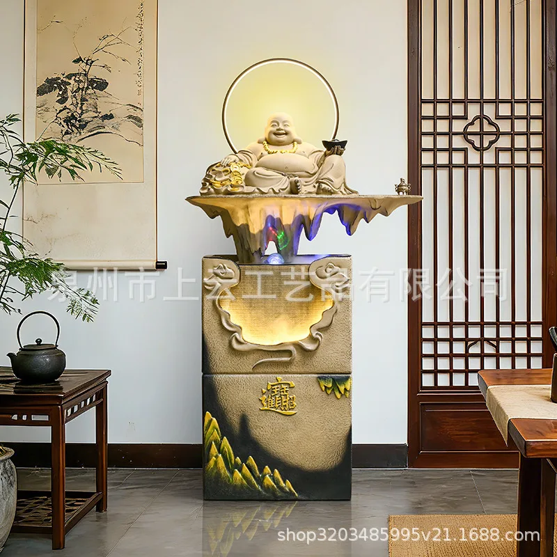 HYS Chinese Zen Maitreya Buddha Flowing Water Fountain Lucky Ornament Office Living Room Clubhouse Entrance Water View Home