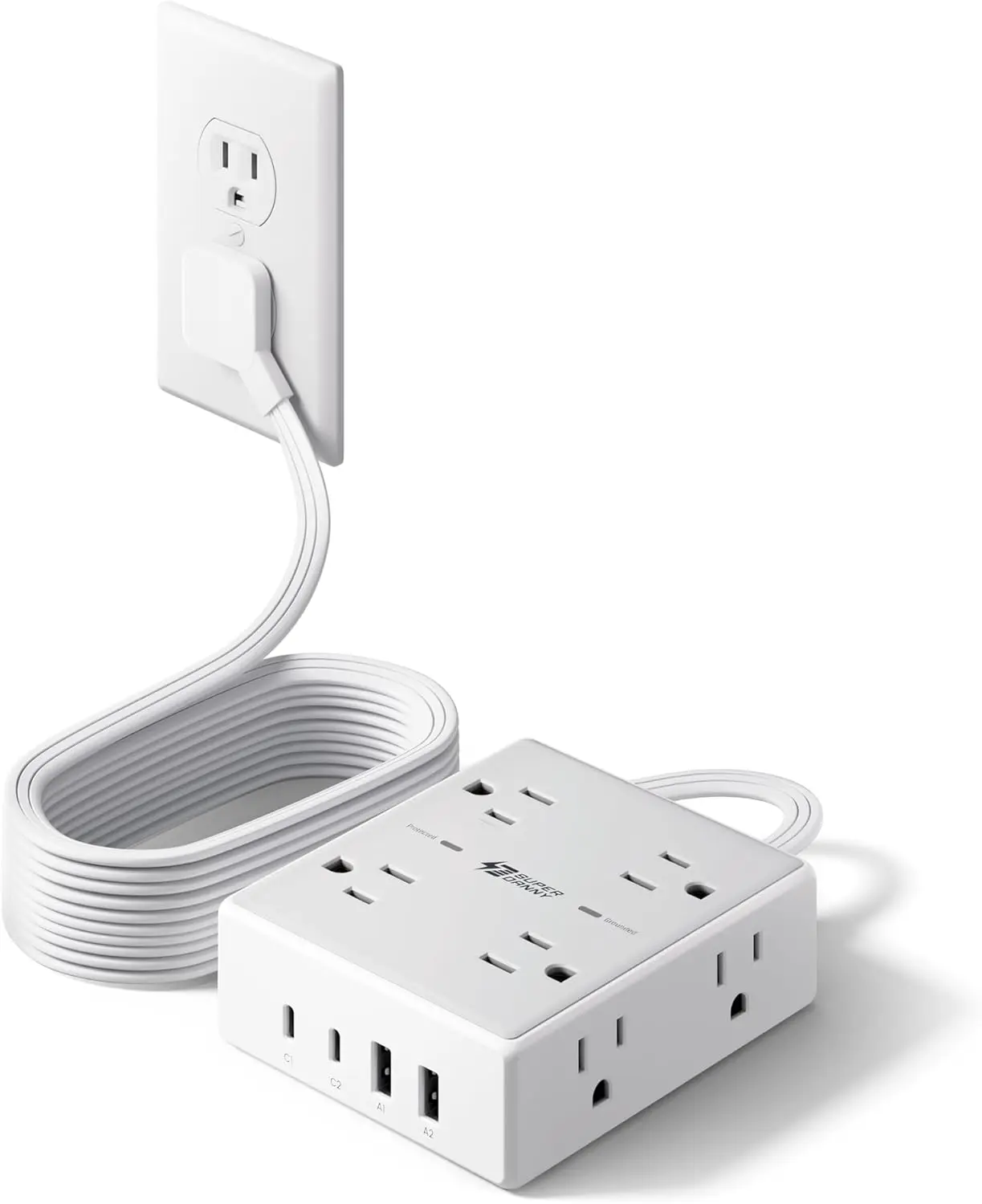 

Удлинитель-сетевой фильтр 10 футов с плоским шнуром, 8 розетками и 4 USB-портами (2 USB-C) для дома, офиса и общежития