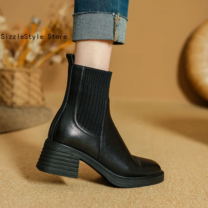 Frühling und Herbst Einfarbig Einfache Leder Quadratischen Kopf Nähte Textil Bequeme Dicke Ferse Kurze Stiefel für Frauen