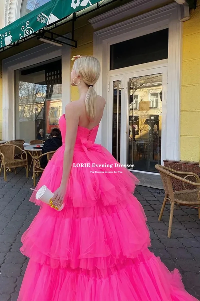 LORIE Elegant Fuchsia Prom Dress High Low Back Lace-up Tiered Tulle Evening Gowns Party Graduation Dresses Vestido De Noche