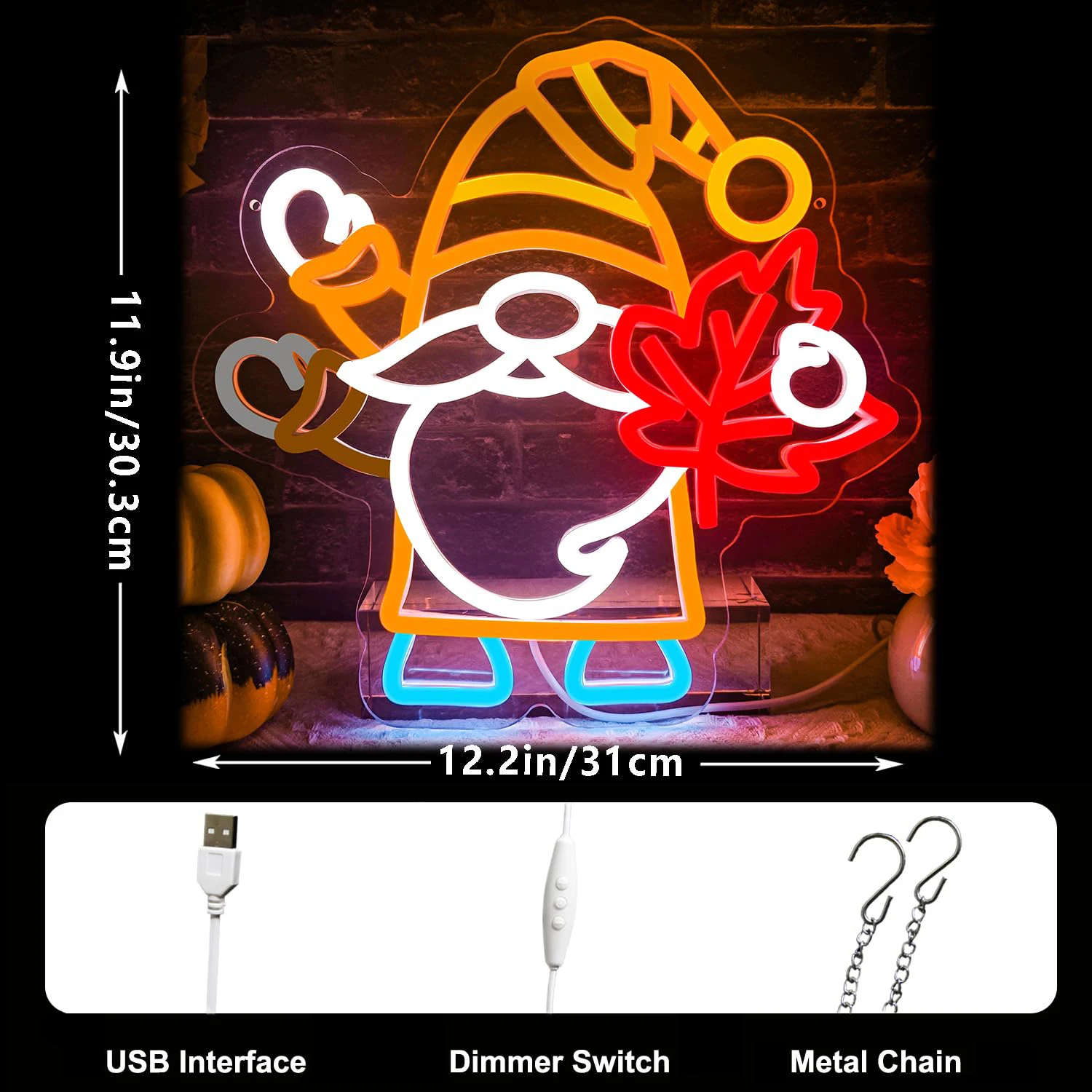 Gnomi lampeggianti Insegna al neon dimmerabile per la decorazione della parete Foglia d'acero per la ciao autunno Camera da letto del Ringraziamento Camera dei bambini Bar Club Decor