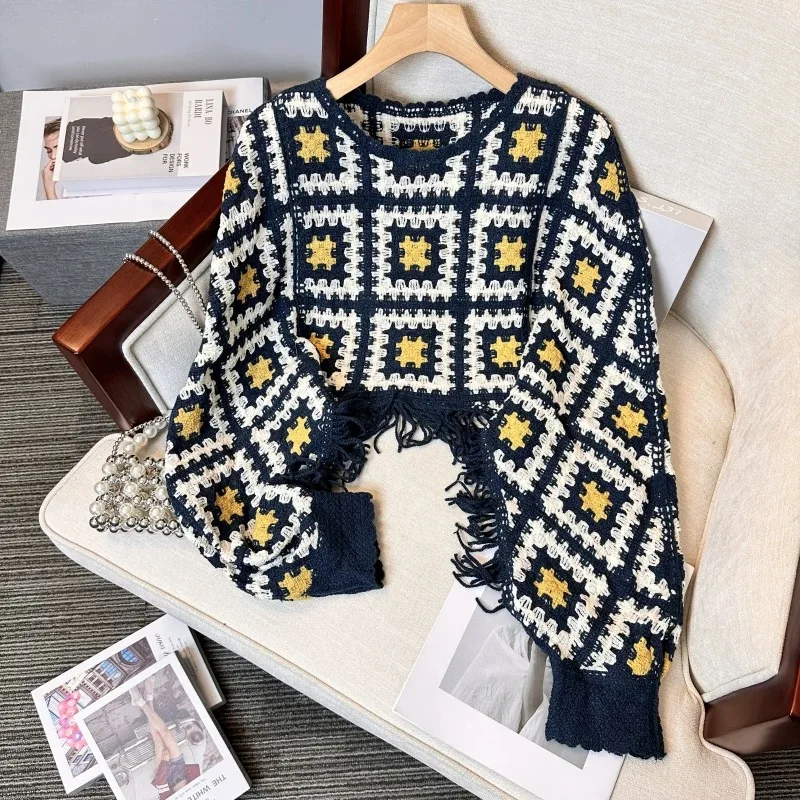 Top de ganchillo con flecos, manga de murciélago con borla, suéter de punto calado cuadrado de abuela, jerséis para mujer, traje de vacaciones bohemio Chic