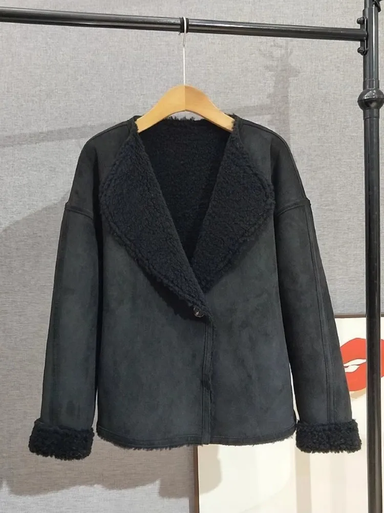 Gran oferta de invierno, abrigo de lana Reversible para mujer, abrigo informal de piel de oveja auténtica, chaqueta con solapa de un solo botón, ropa de abrigo gruesa y cálida holgada